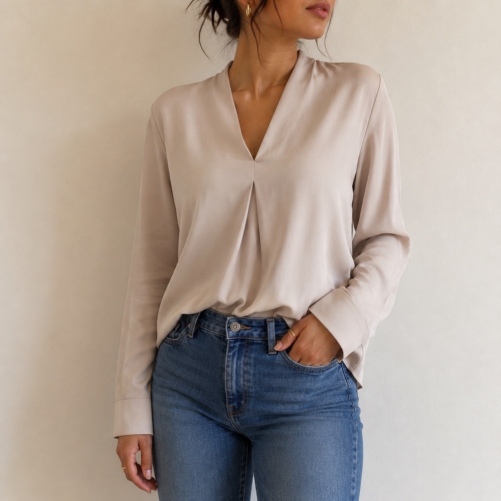 Tyler Boe Silk Oyster V-Neck Pleated Blouse Dragonfly Detail Size XS Minimalist
